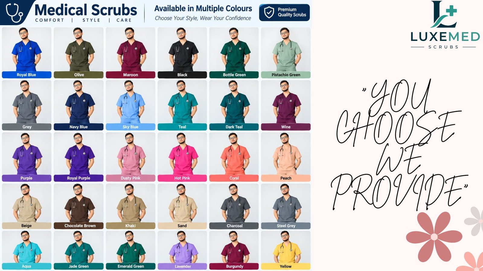 Medical scrubs available in multiple colours — the full colour range shown across scrub tops