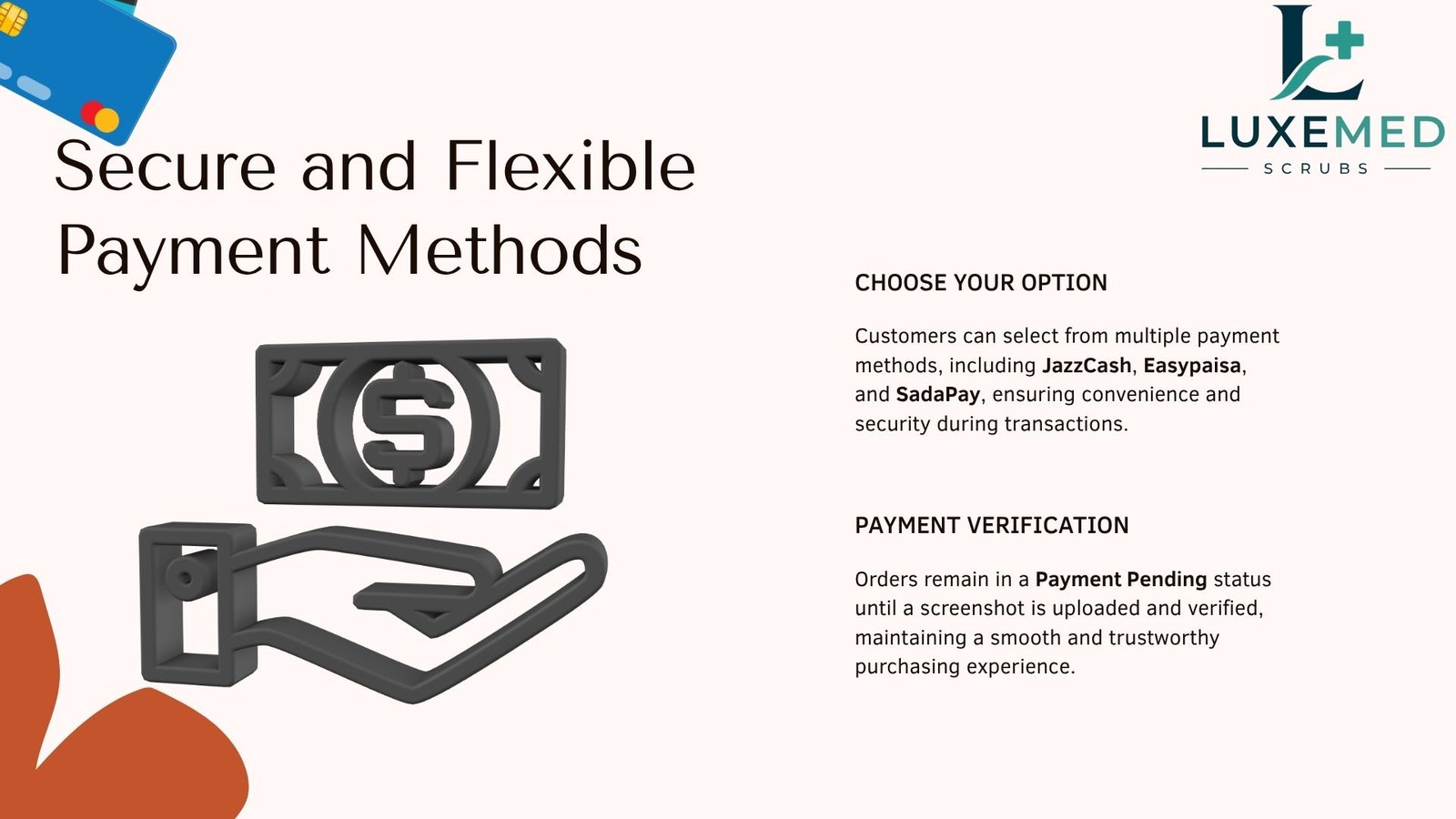 Secure and flexible payment methods — JazzCash, Easypaisa, SadaPay and bank transfer, with payment verification