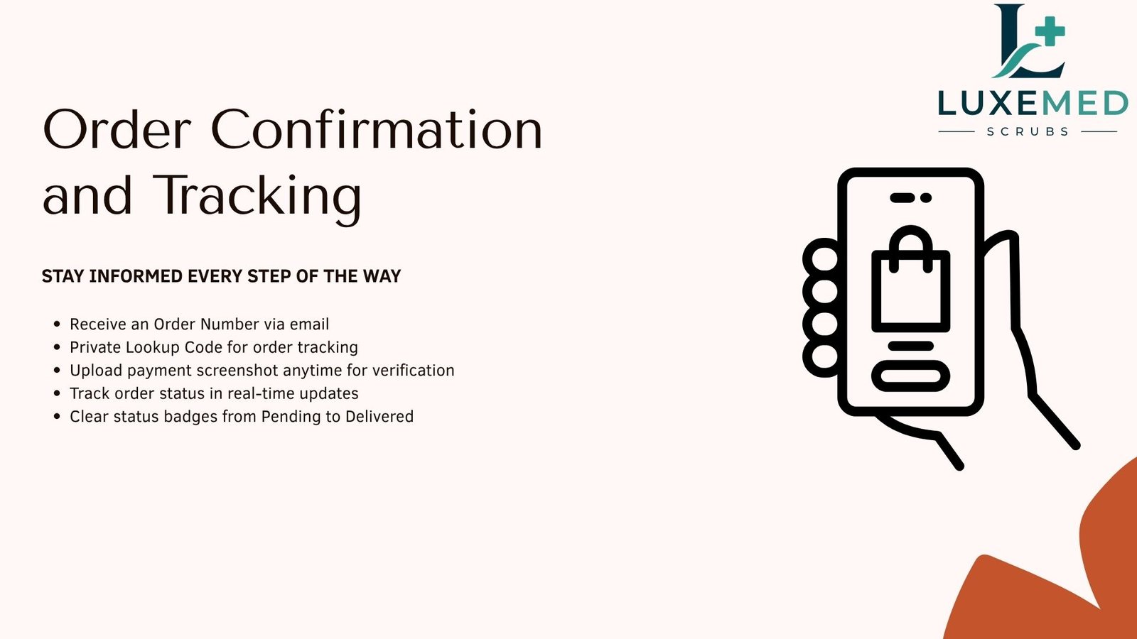 Order confirmation and tracking — order number, private lookup code and live status updates