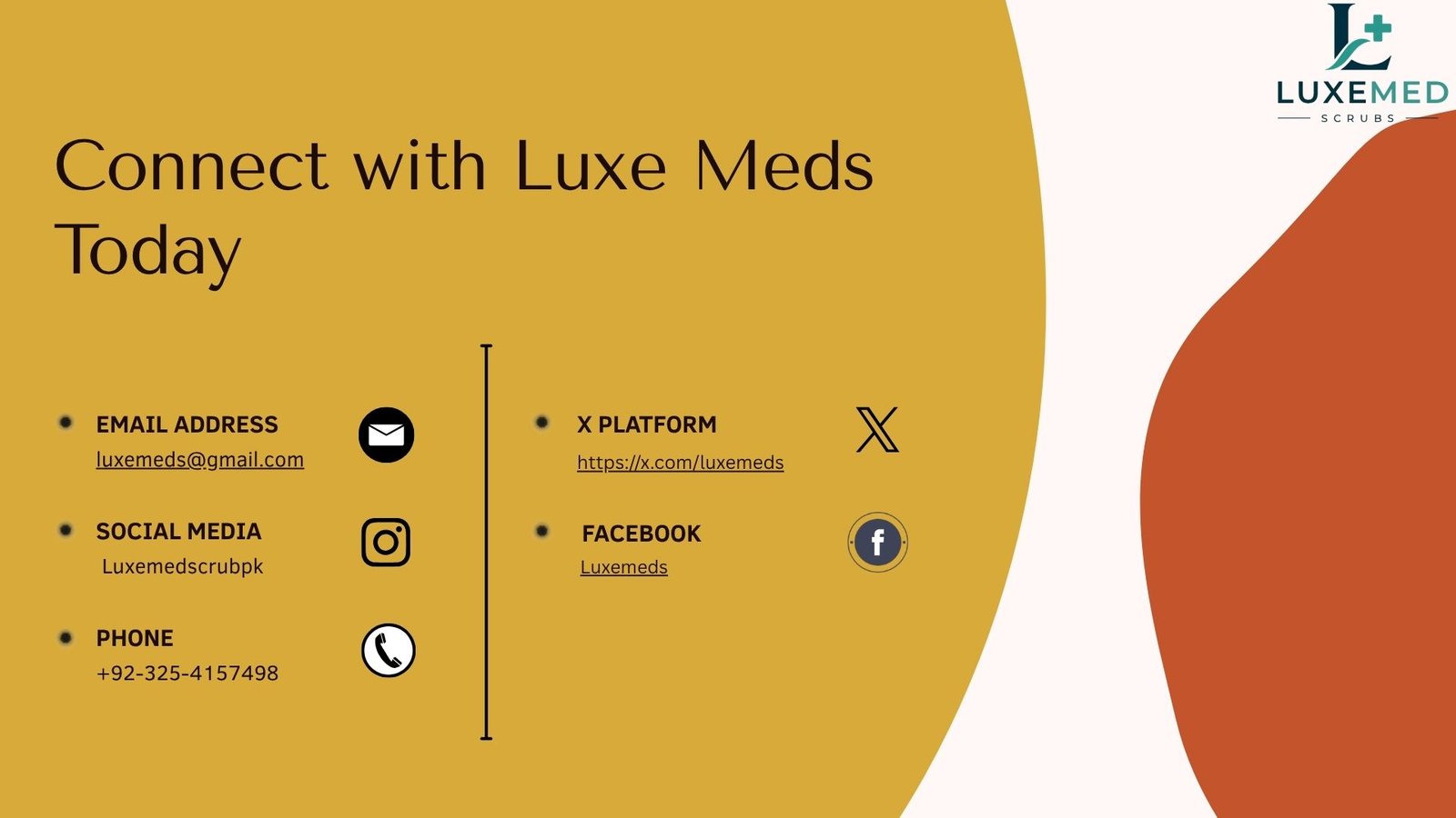 Connect with Luxe Meds — email, social media and phone contact details